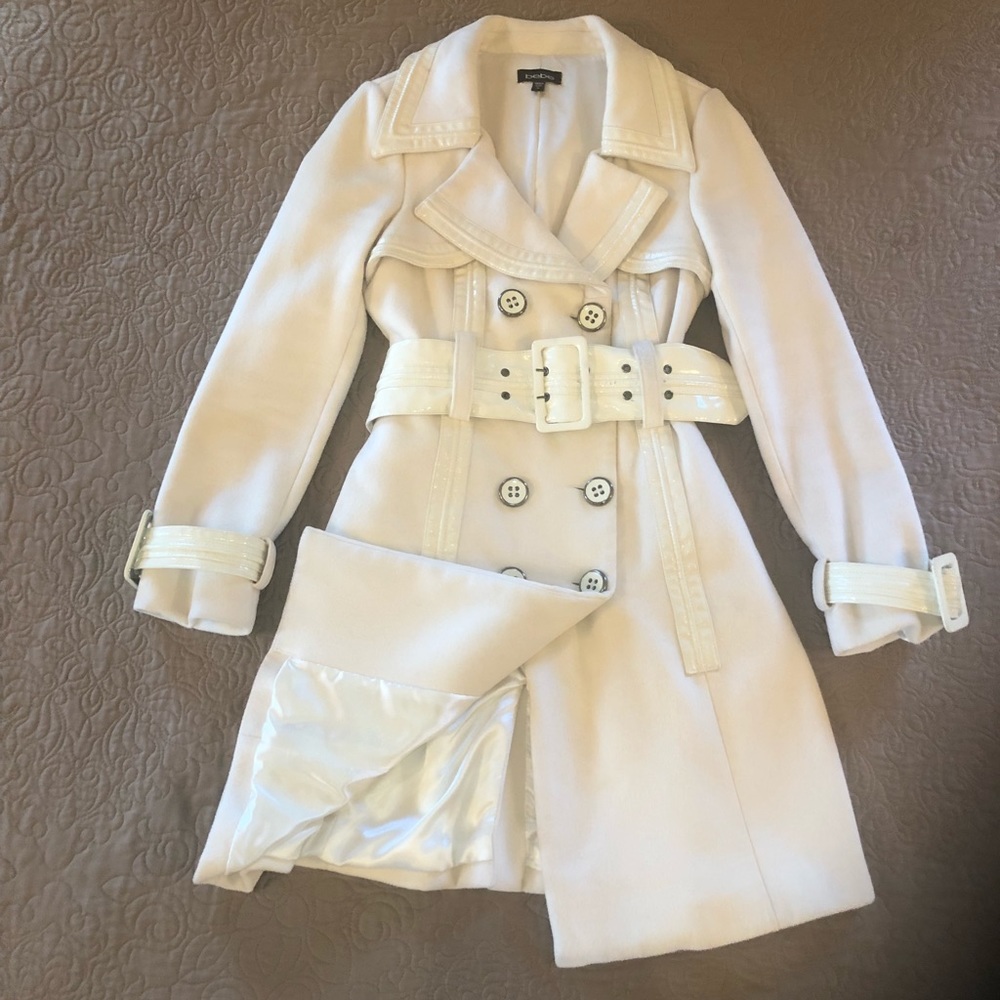 Cream wool coat with patent leather detail